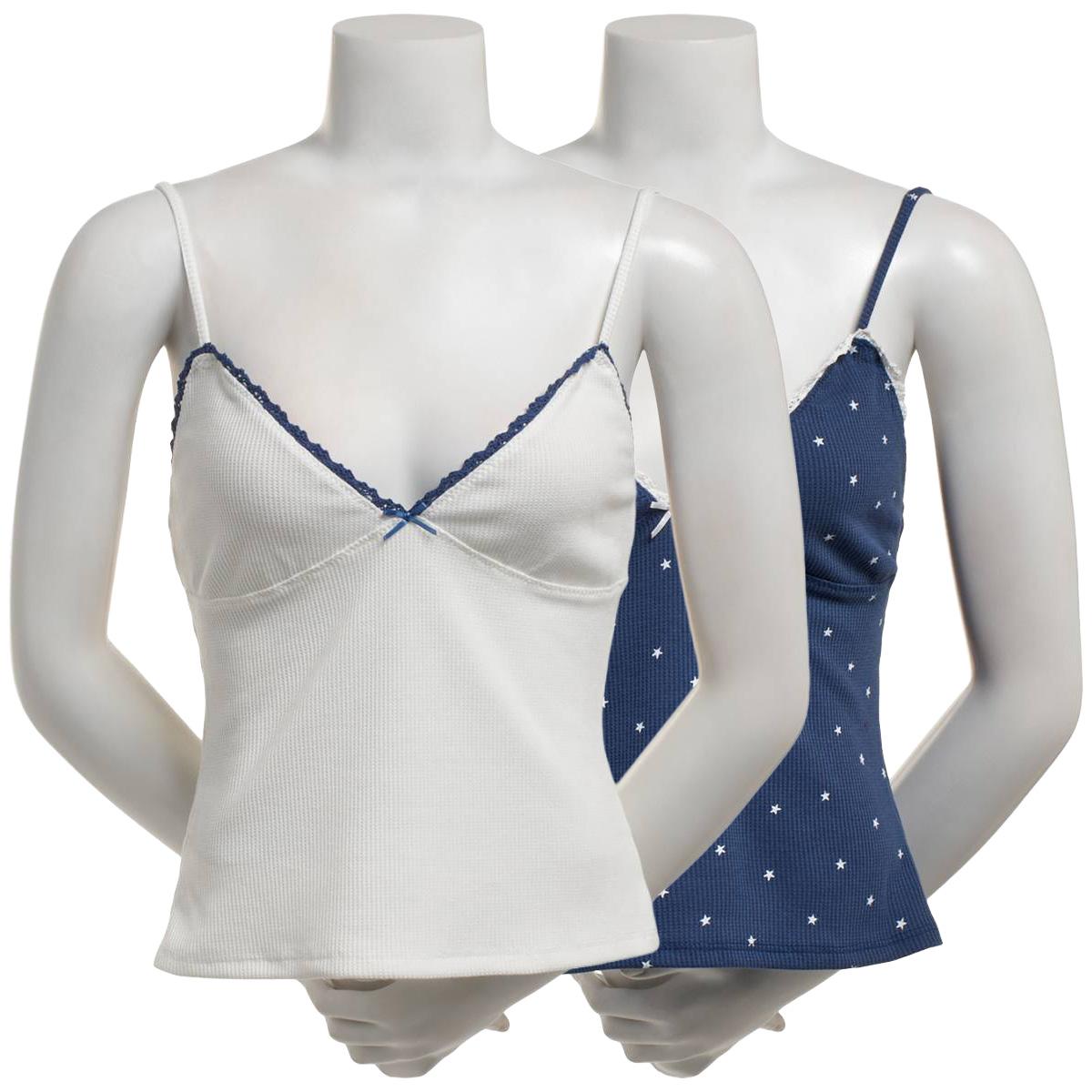 Juniors Pink Rose 2pk Thermal V-Neck Babydoll Camisoles - Navy