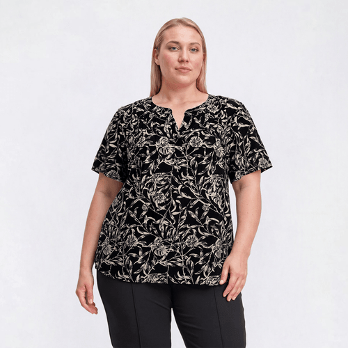 Plus Size Napa Valley Short Sleeve Leaf Split Neck Henley Blouse