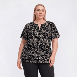 Plus Size Napa Valley Short Sleeve Leaf Split Neck Henley Blouse