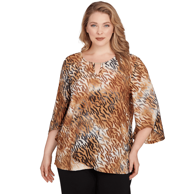 Plus Size Ruby Rd. New Neutrals Bell Sleeve Tie Dye Tiger Blouse