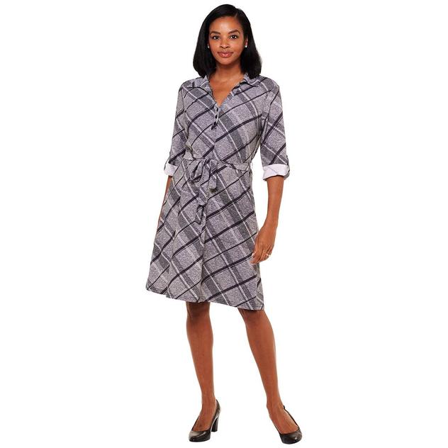 Womens Mlle Gabrielle Long Sleeve Tie Waist Plaid A-Line Dress