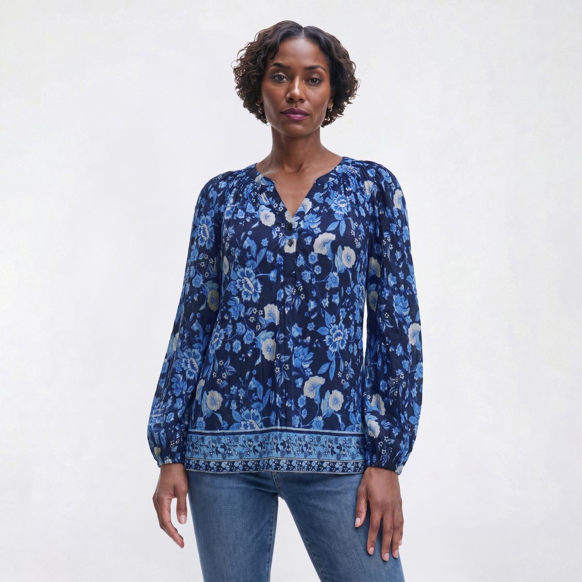 Womens Absolutely Famous Long Balloon Sleeve Henley Blouse