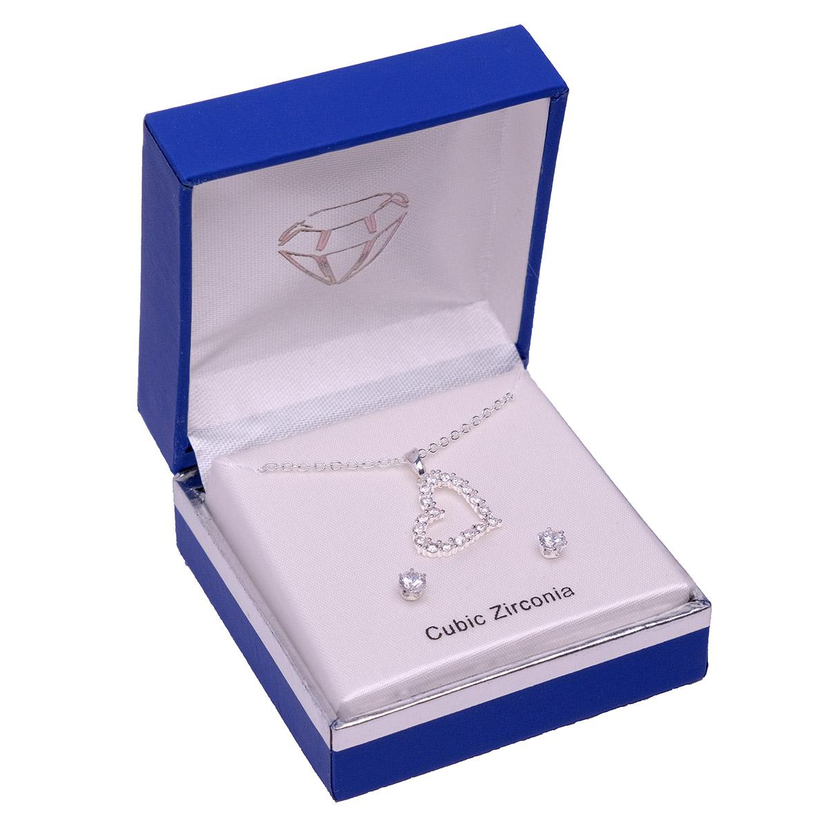 Silver-Tone CZ Heart Pendant & Earring Set