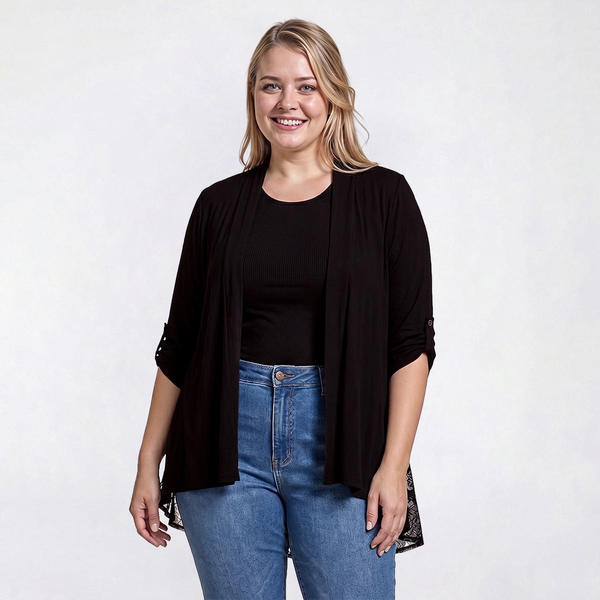 Plus Size Cure Roll Tab Sleeve Floral Chiffon Back Cardigan
