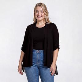 Plus Size Cure Roll Tab Sleeve Floral Chiffon Back Cardigan