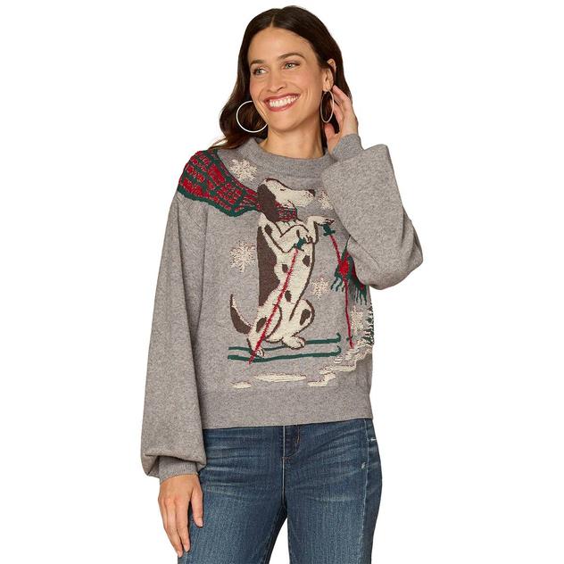 Womens Democracy Long Sleeve Crew Neck Skiing Dog Sweater