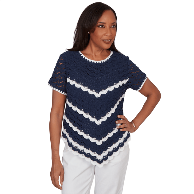 Womens Alfred Dunner Port Side Scallop Chevron Crochet Sweater