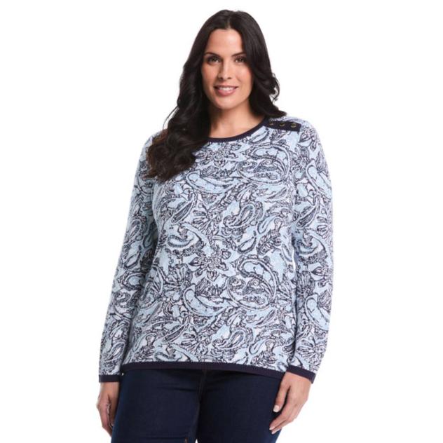 Plus Size Rafaella® Long Sleeve Shoulder Rivet Paisley Sweater