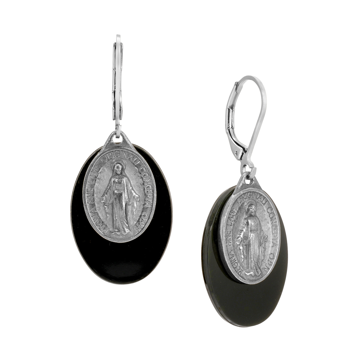 Symbols of Faith Silver Tone Oval Stone Miraculous Medal Earrings