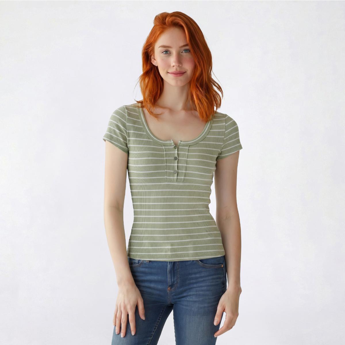 Juniors Pink Rose Short Sleeve Thermal Stripe Henley Top