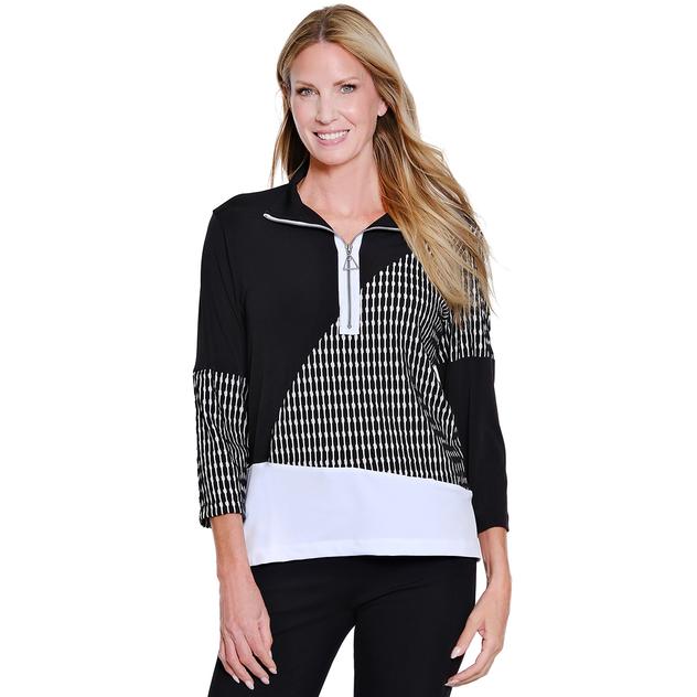 Womens Multiples 3/4 Sleeve Zip Collar Color Block Blouse