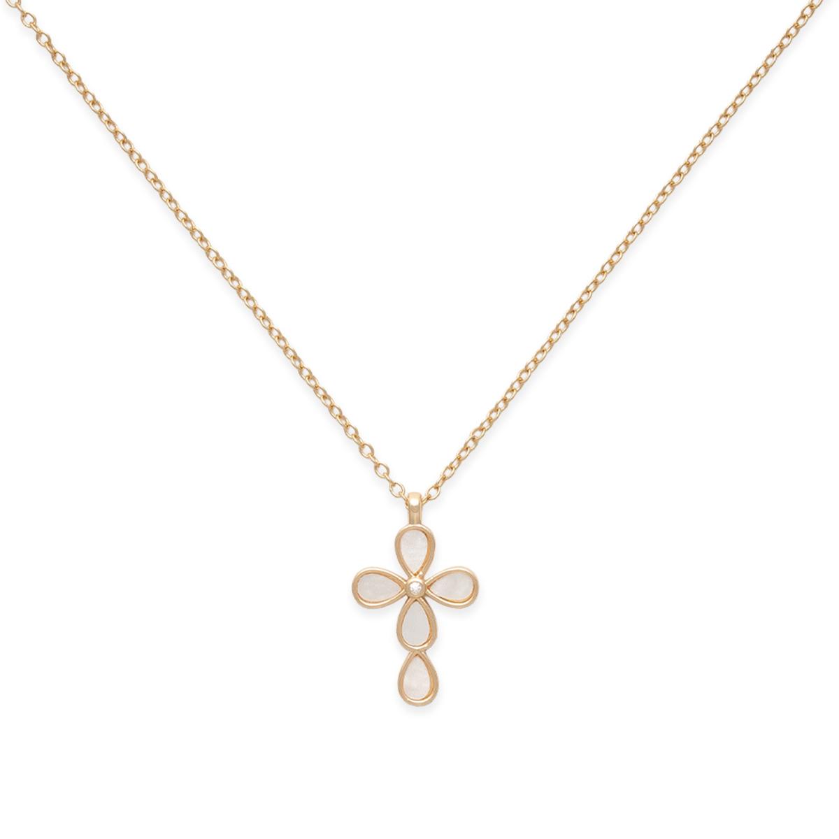 Beautiful Blessings Gold-Tone Mother of Pearl CZ Cross Necklace