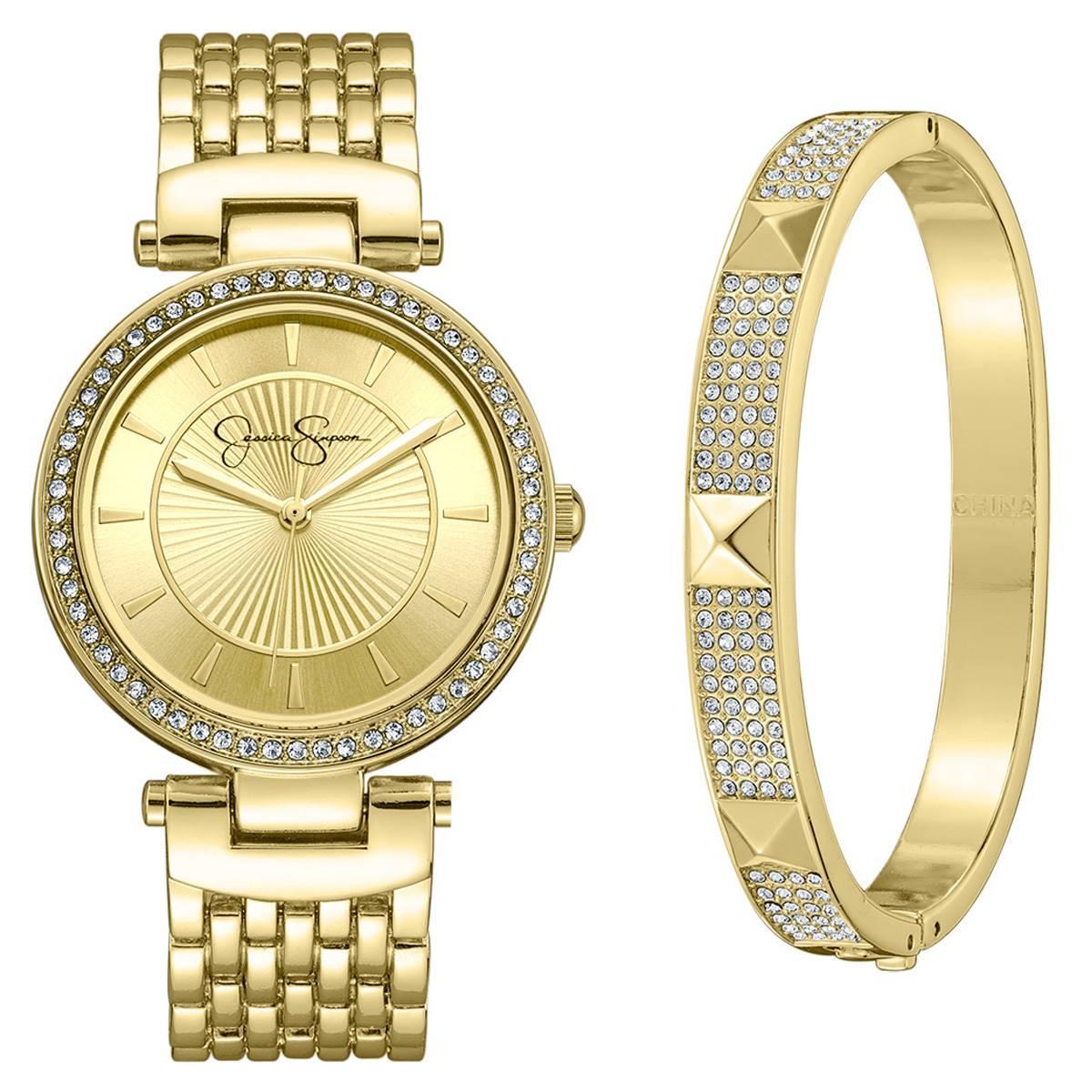 Womens Jessica Simpson Watch & Bangle Bracelet Set - JSB8018GD