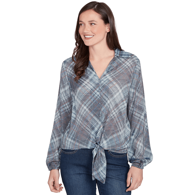 Womens Skye's the Limit Back To Town Long Sleeve Plaid Blouse