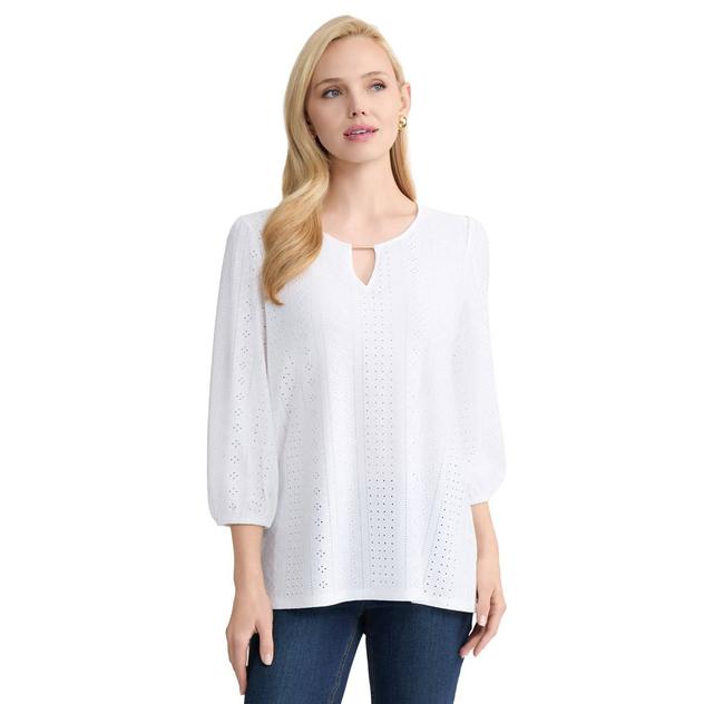 Womens Jones New York 3/4 Sleeve Keyhole Neck Eyelet Blouse