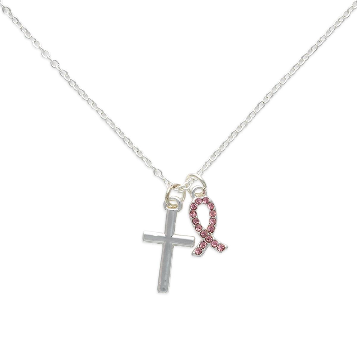 Breast Cancer Awareness Cross & Ribbon Rhinestone Charm Necklace