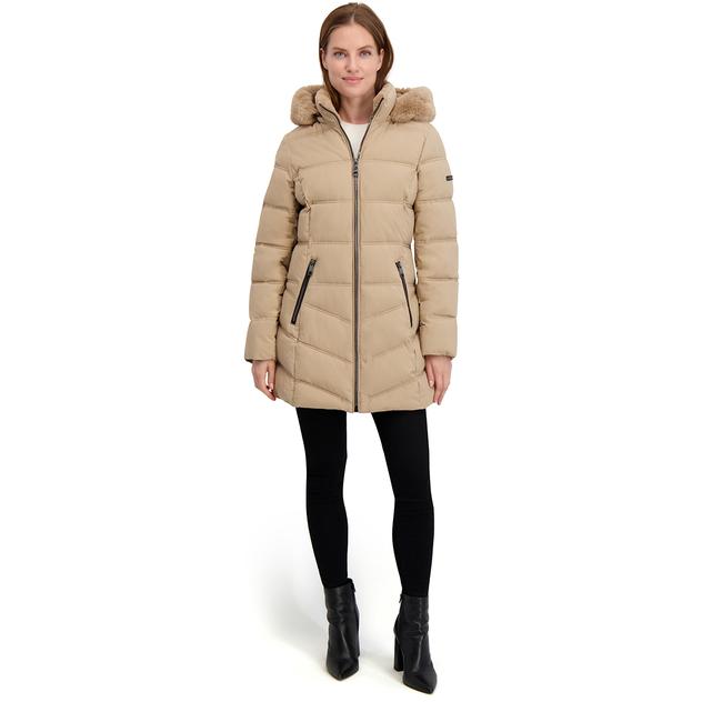 Womens Laundry By Shelli Segal Long Puffer Jacket with Faux Fur