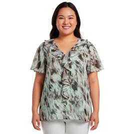 Plus Size Kasper Short Flutter Sleeve Blurred Brushstroke Blouse