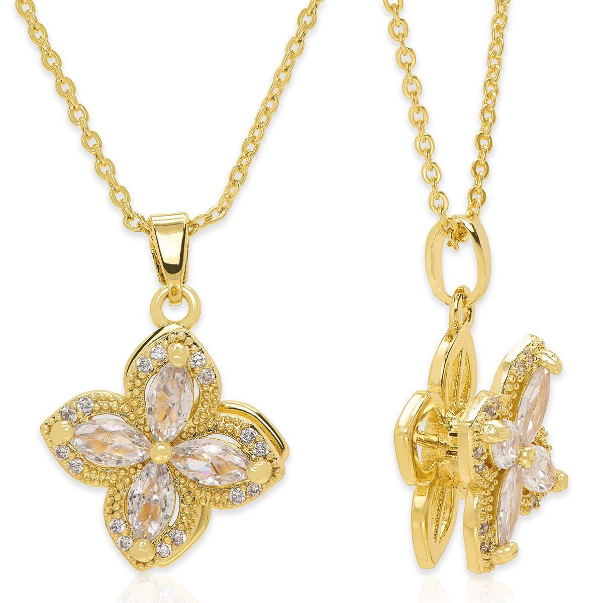 14k. Gold Plated & CZ Marquise Clover Spinner Pendant Necklace