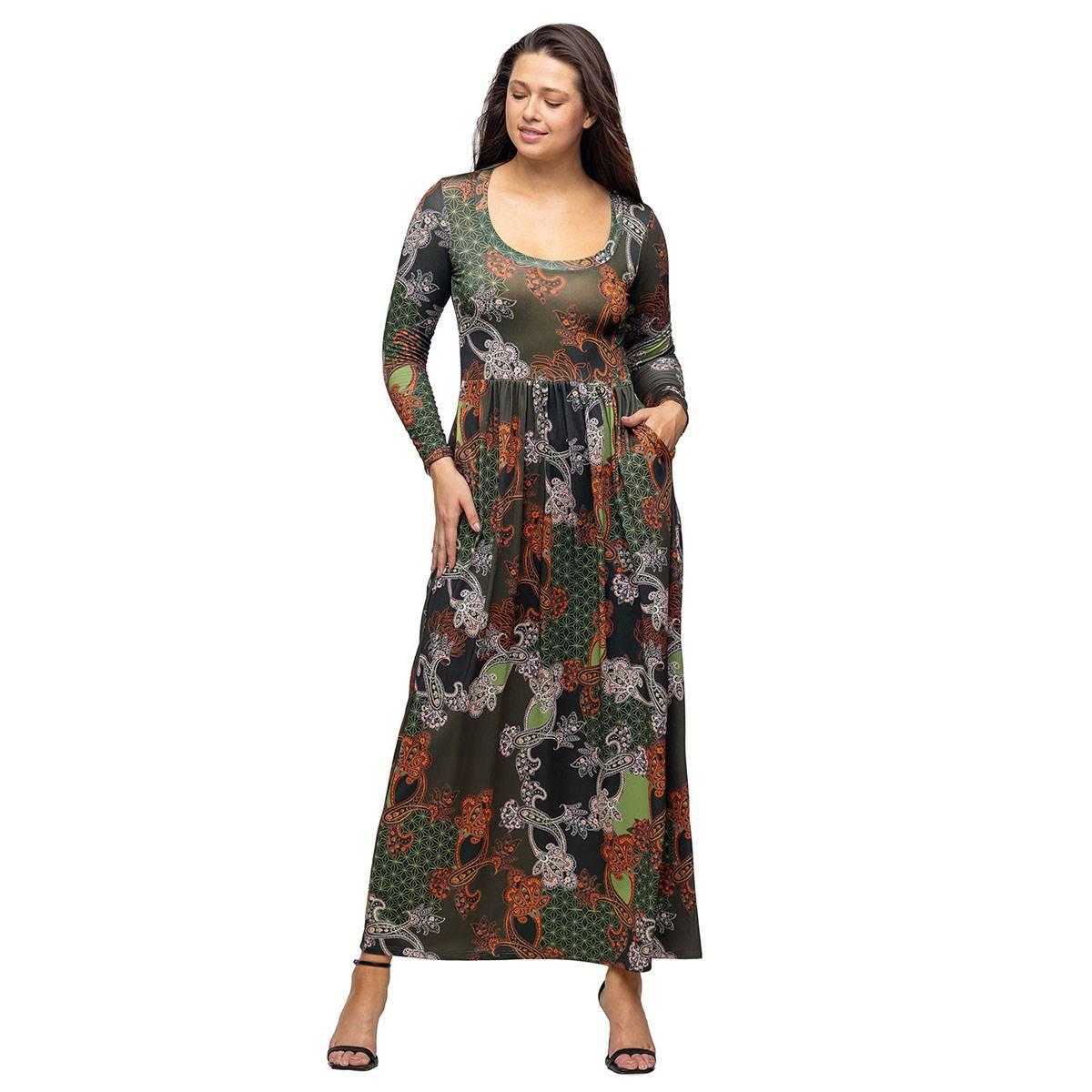 Womens 24/7 Comfort Apparel Green Empire Waist Pocket Maxi Dress