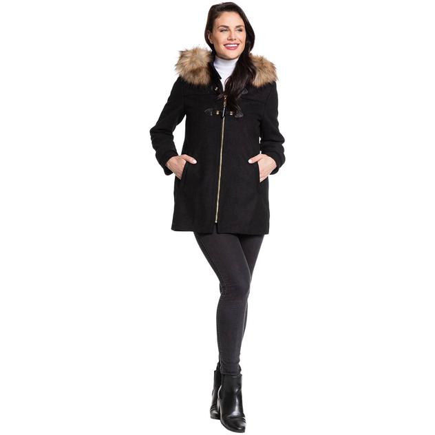 Womens Nine West Hooded Wool Blend Toggle Coat w/Faux Fur Trim