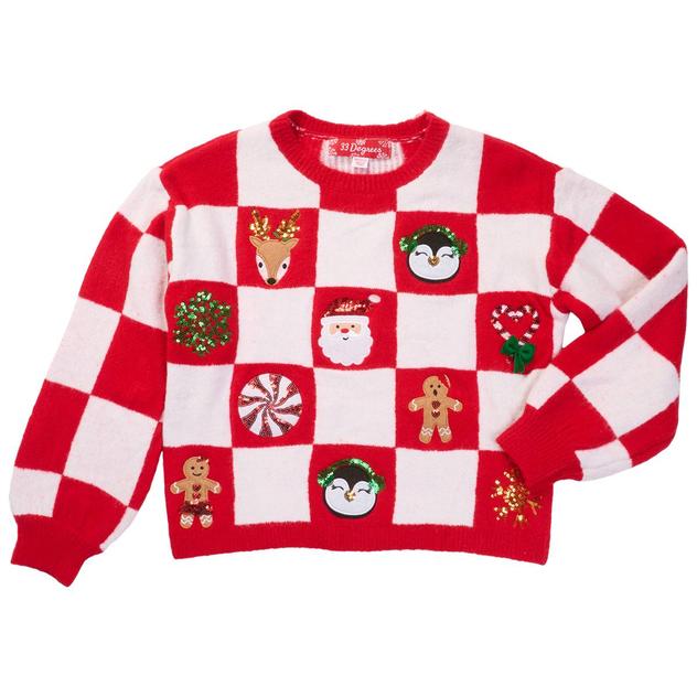 Girls (7-16) 33 Degrees Checkerboard Sequin Appliqué Xmas Sweater