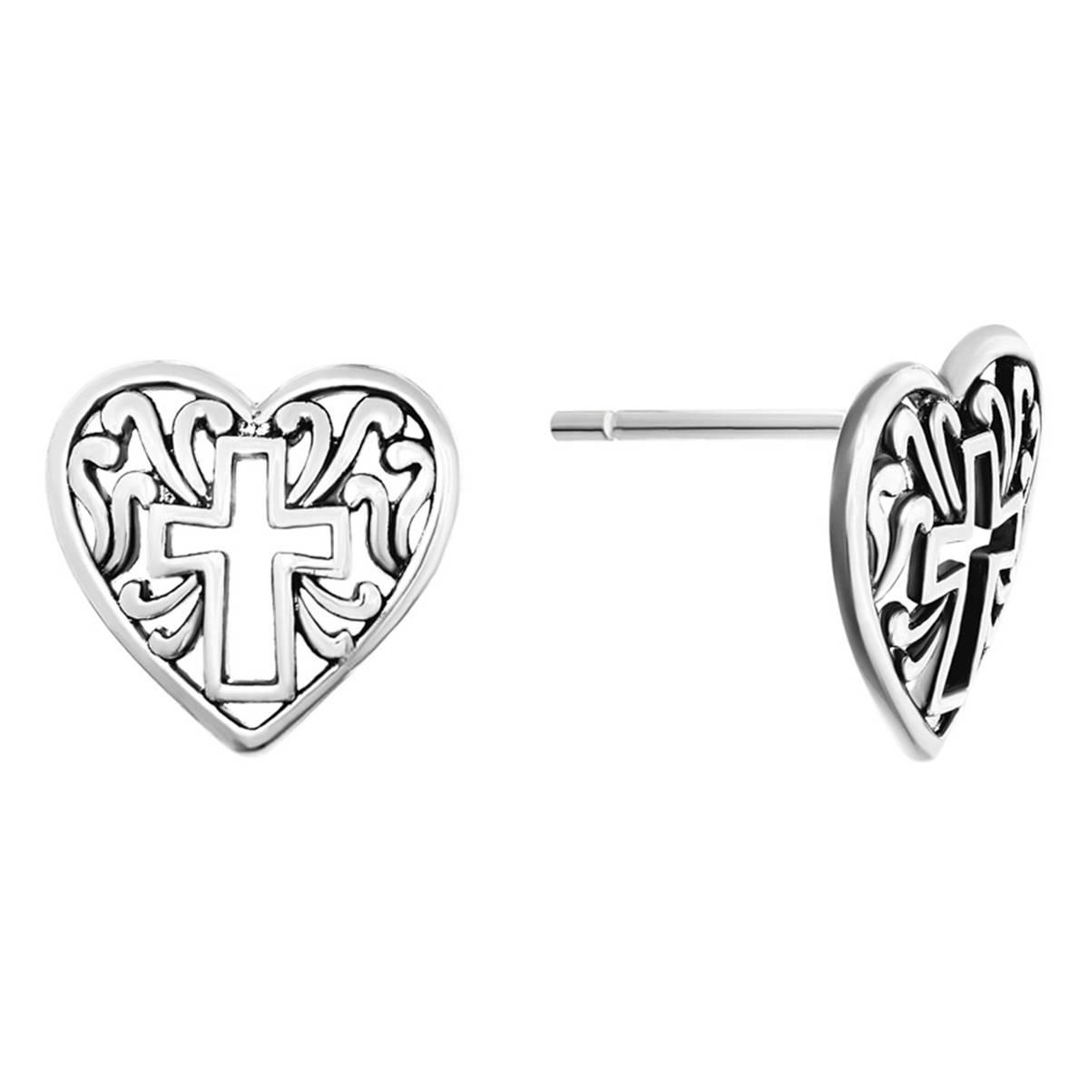 Athra Sterling Silver Cut-Out Cross Heart Stud Earrings