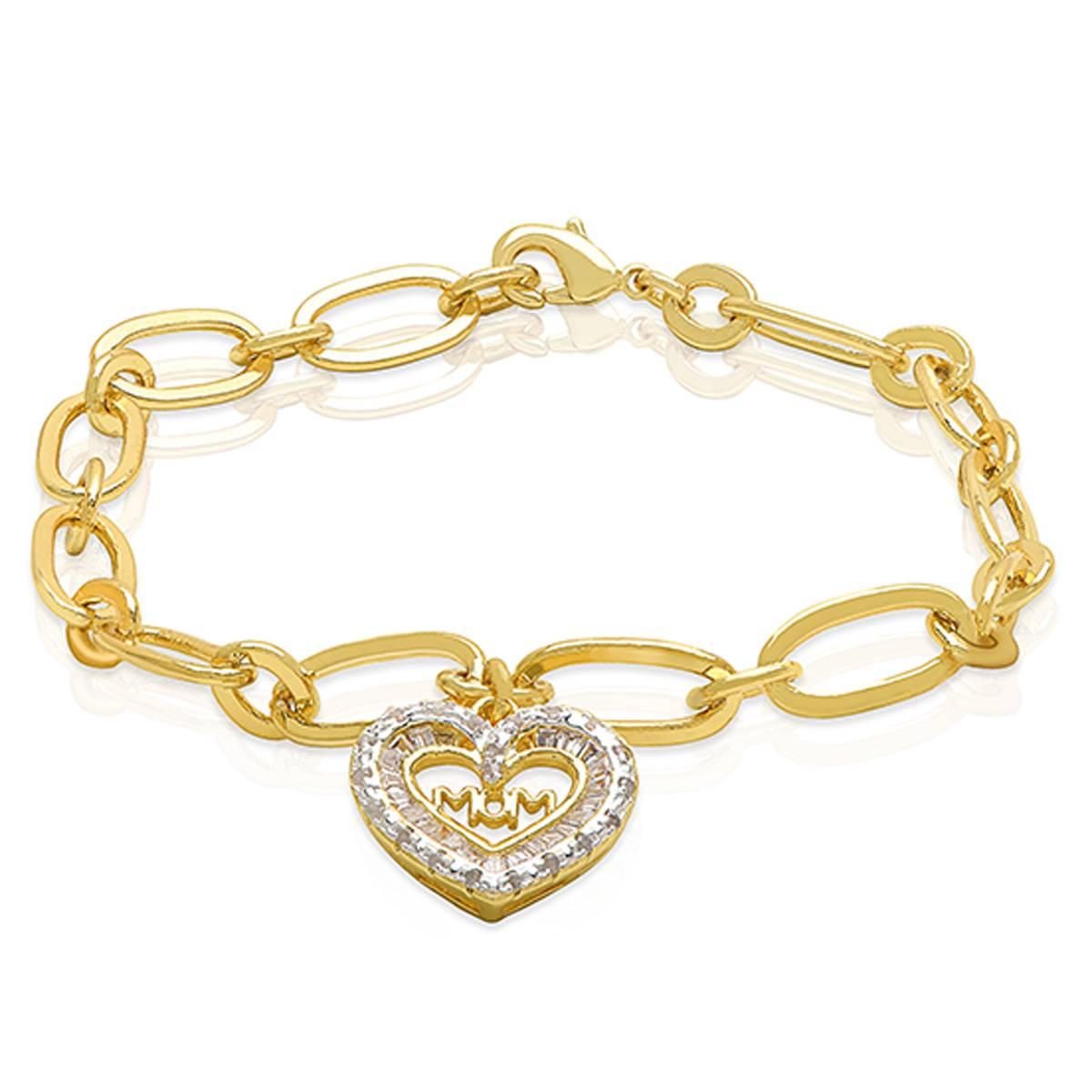 Gianni Argento Diamond Baguette Mom Heart Charm Chain Bracelet