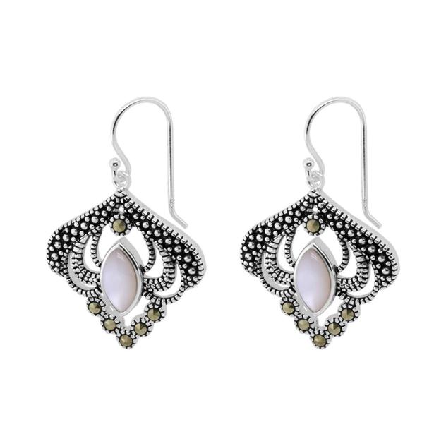 Marsala Genuine Marcasite Mother of Pearl Fancy Drop Earrings