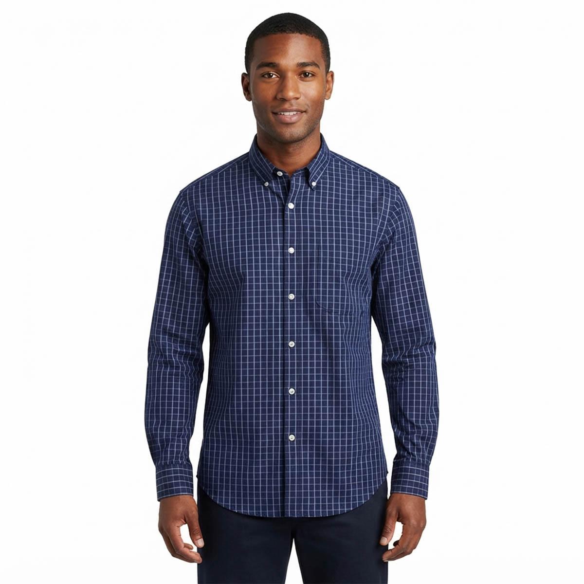 Mens Preswick & Moore(R) Long Sleeve Plaid Dress Shirt - Navy
