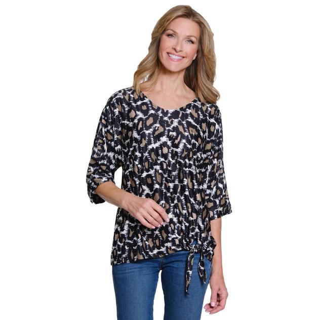 Womens Multiples Cuff Sleeve Leopard Tie Front Blouse