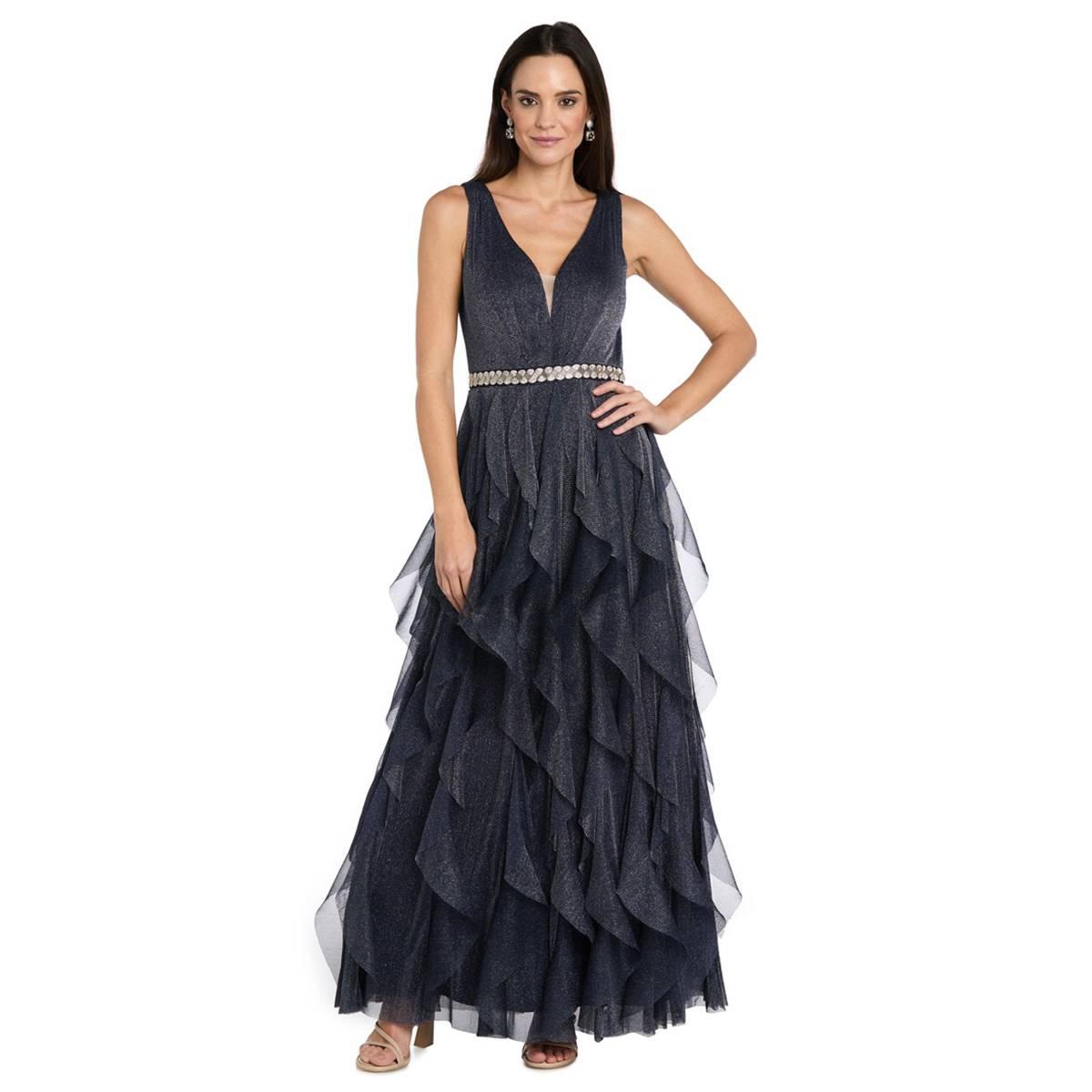 Womens R&M Richards Sleevless Corkscrew Beaded Trim Waist Gown
