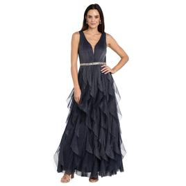 Womens R&M Richards Sleevless Corkscrew Beaded Trim Waist Gown
