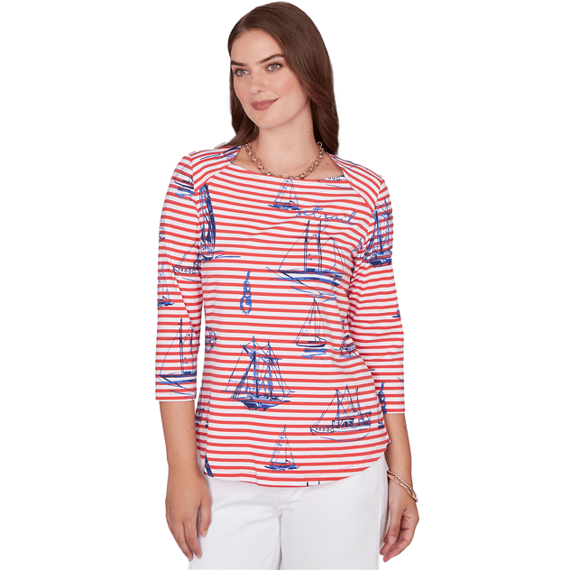 Petite Ruby Rd. Must Haves II 3/4 Sleeve Stripe Sailboat Tee