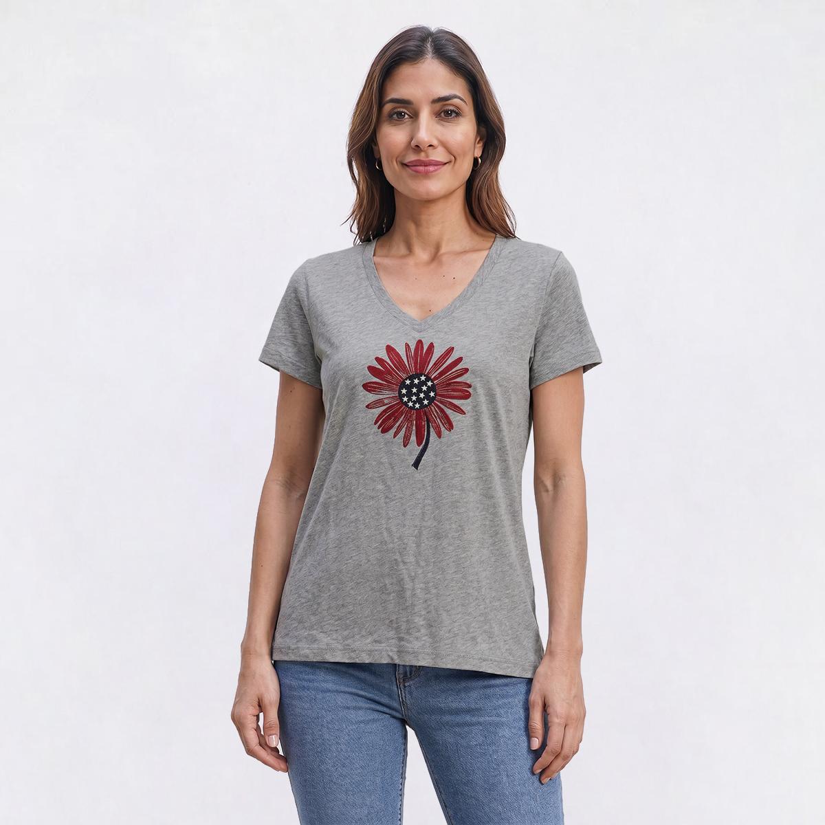 Womens Mountain Ridge Americana Sunflower V Neck Graphic Tee