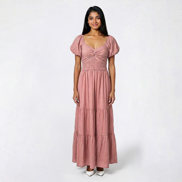 Juniors Trixxi Puff Sleeve Twist Front Smocked Maxi Dress