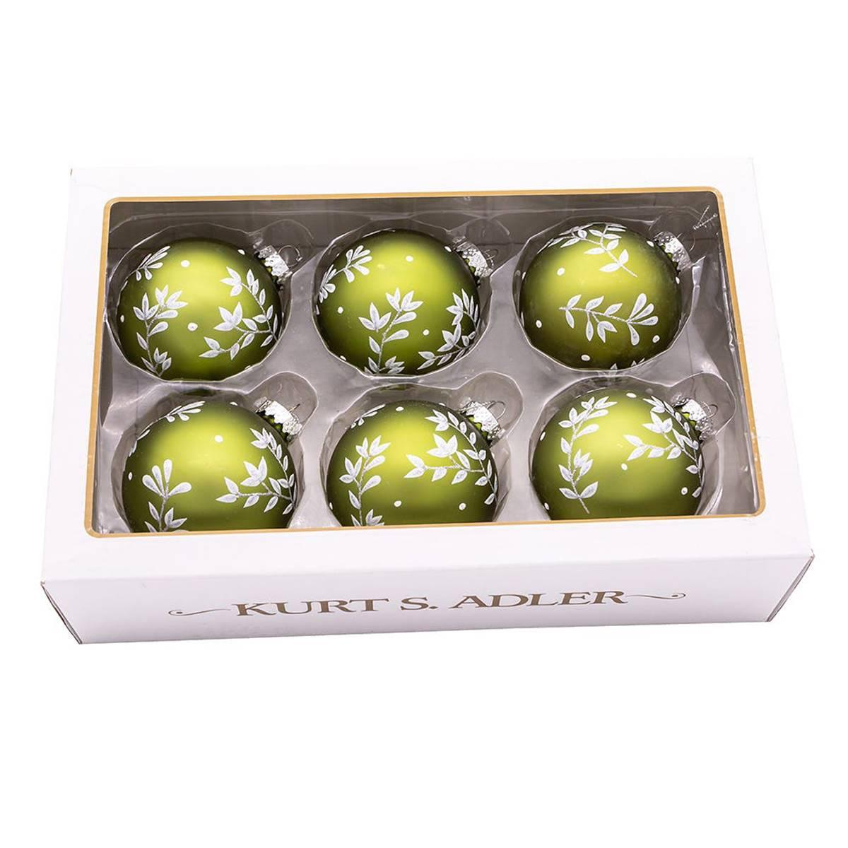 Kurt S. Adler 6pc. 80MM Green Leaf Design Ball Ornaments