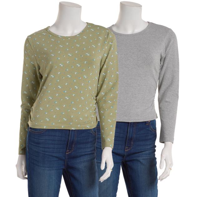 Juniors Green Goddess 2pk. Side Ruched Long Sleeve Tops