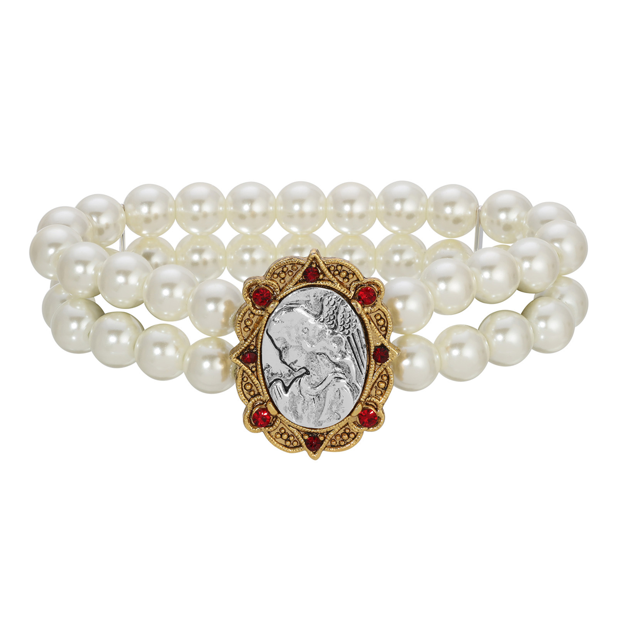 Symbols of Faith Faux Pearl Red Crystal Angel Motif Bracelet