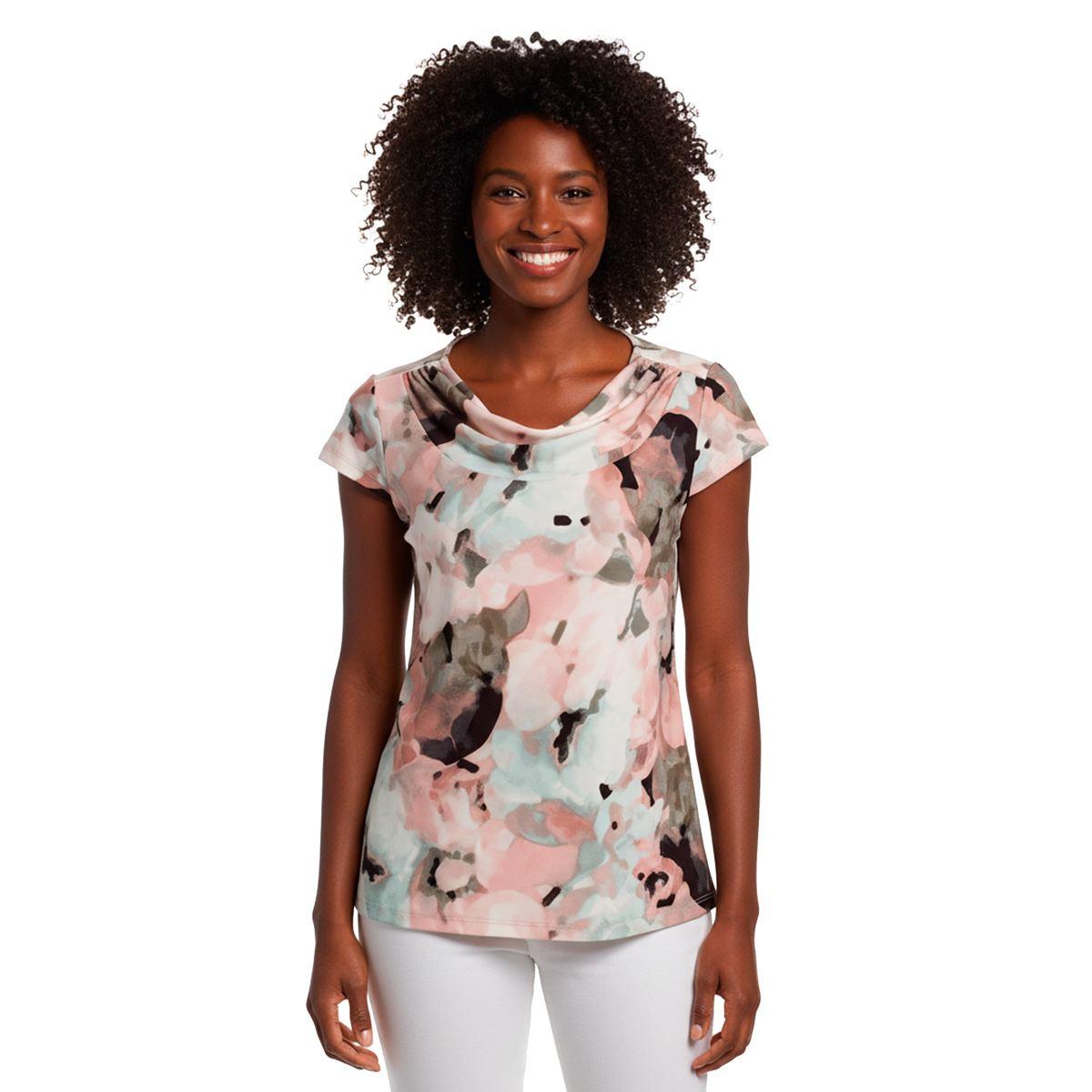 Womens Kasper Cap Sleeve Cowl Neck Abstract Floral Blouse
