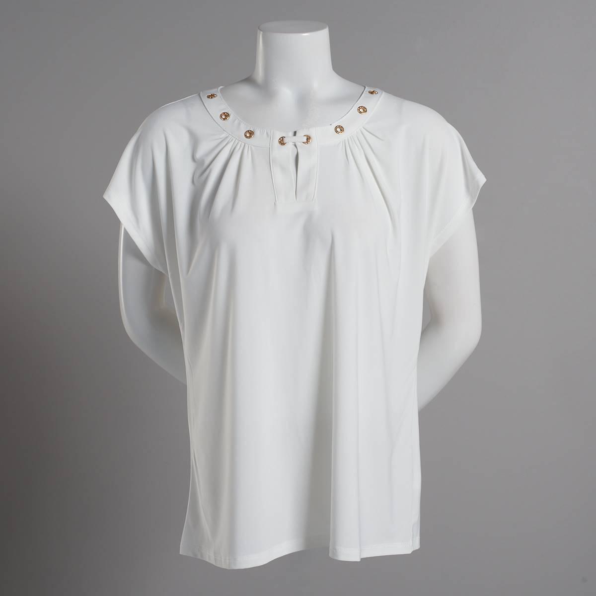 Womens Notations Short Sleeve Grommet Neck Solid Knit Shell Top