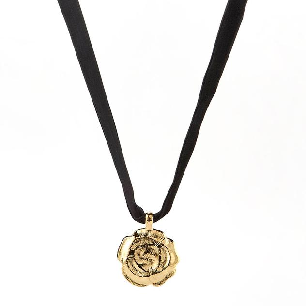 Ashley Black Ribbon Gold-Tone Rose Pendant Chocker Necklace