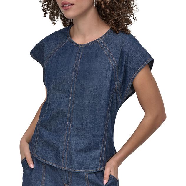 Womens DKNY Short Sleeve Seamed Light Weight Denim Blouse