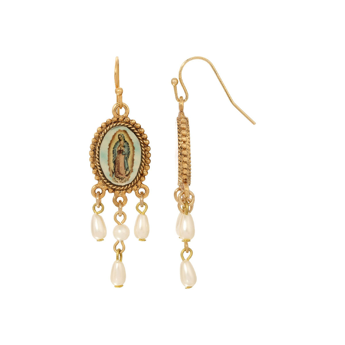 Symbols of Faith Our Lady of Guadalupe Faux Pearl Drop Earrings