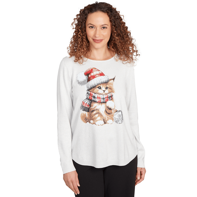 Womens Emaline Holiday Items Long Sleeve Round Neck Kitten Tee