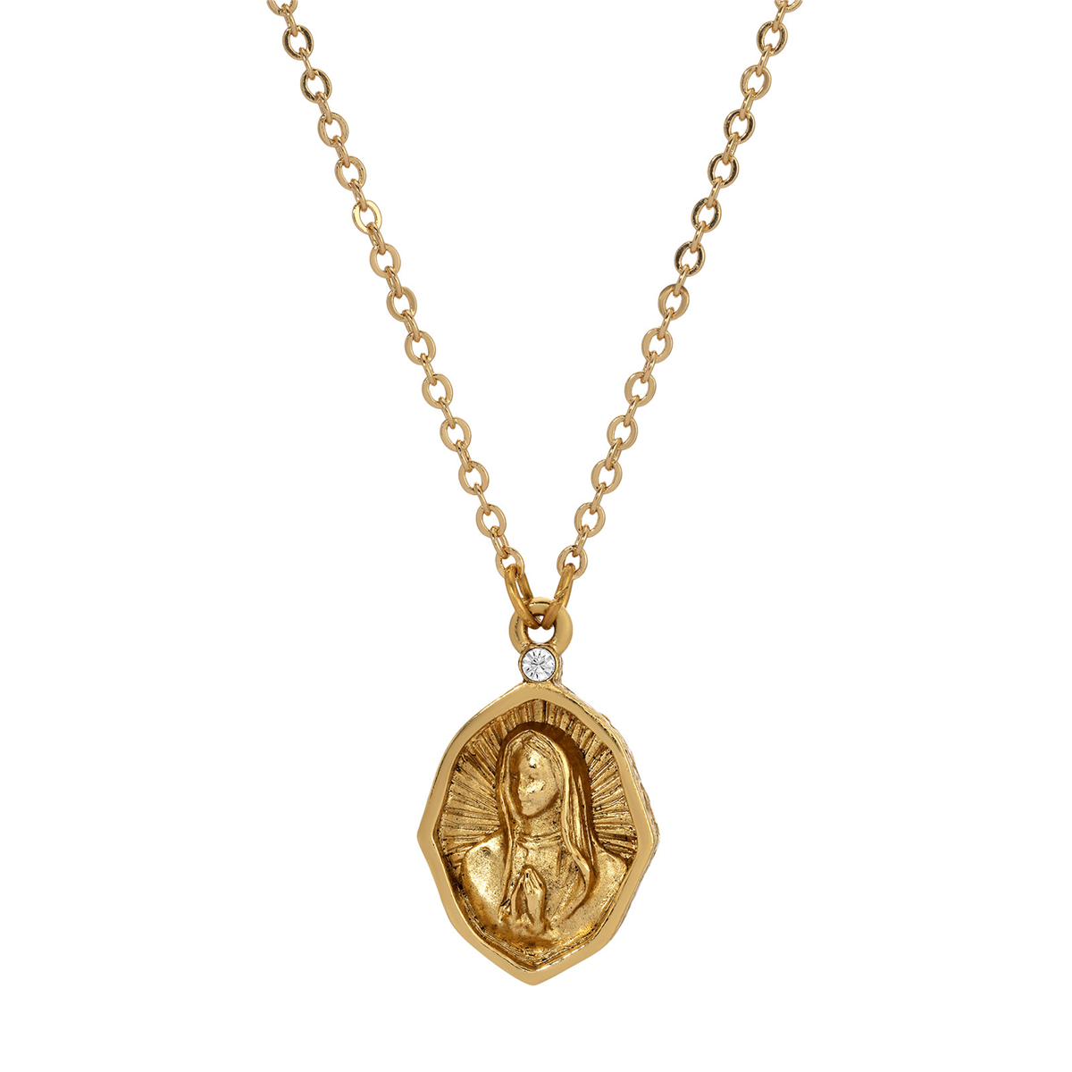 Symbols of Faith Gold Tone Virgin Mary Oval Pendant Necklace