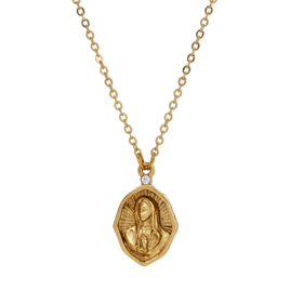 Symbols of Faith Gold Tone Virgin Mary Oval Pendant Necklace