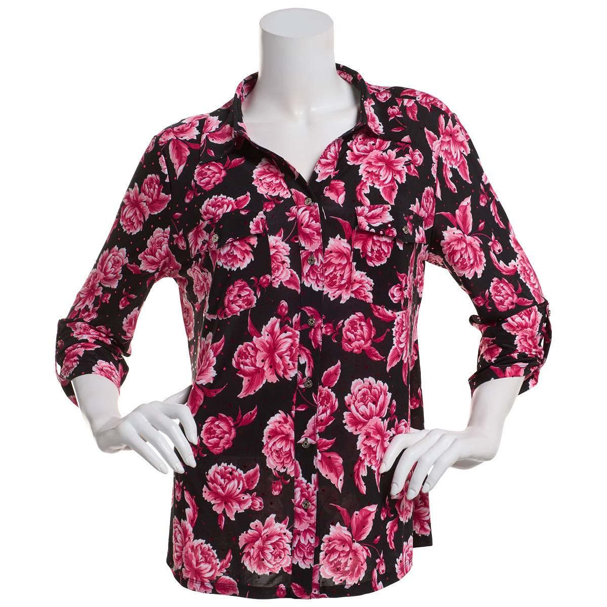 Womens Emily Daniels 3/4 Sleeve Floral Button Front Blouse