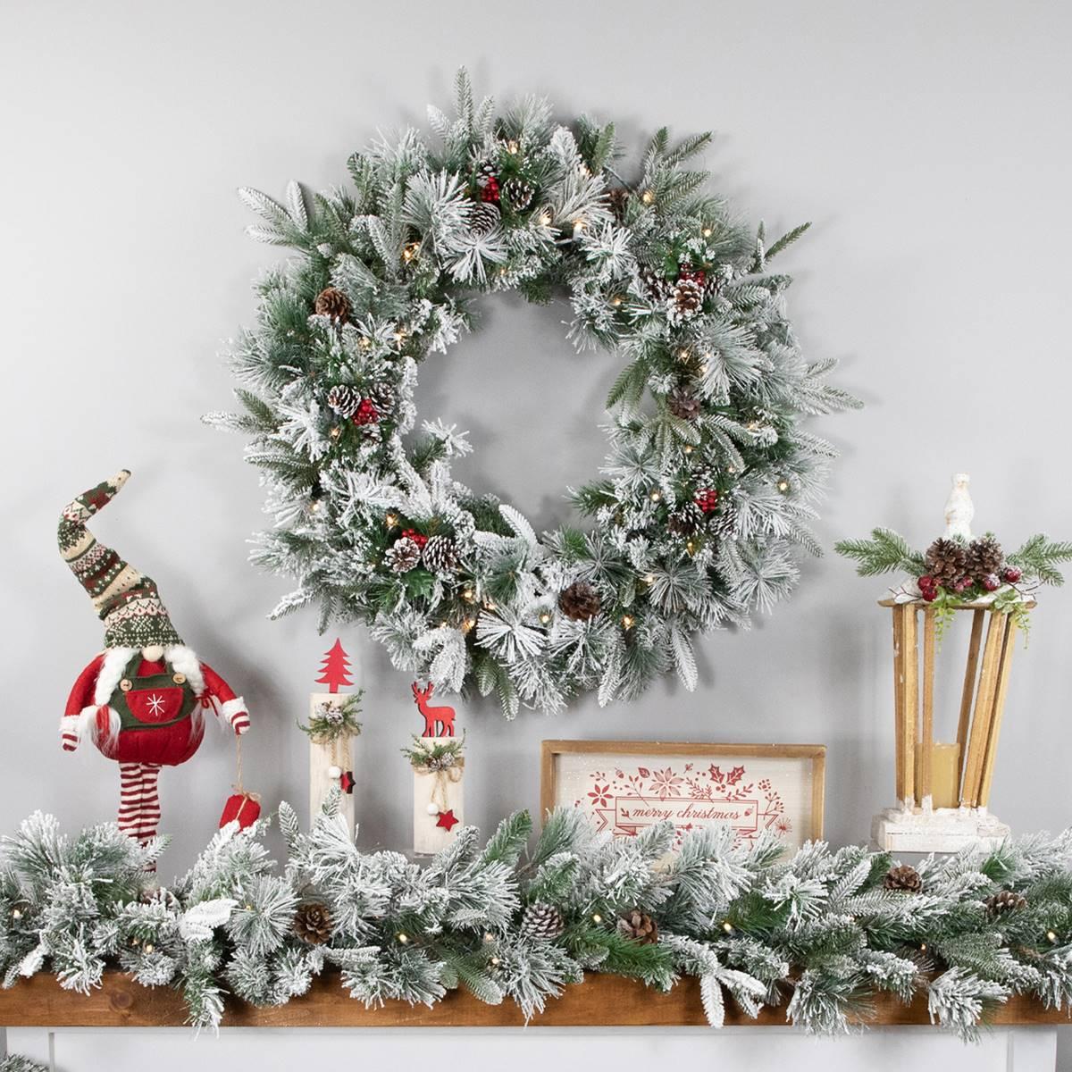 Northlight Seasonal 30in. Pre-Lit Pine Flocked Christmas Wreath