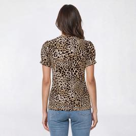 Womens AK Anne Klein Short Pleat Sleeve Crew Neck Leopard Blouse